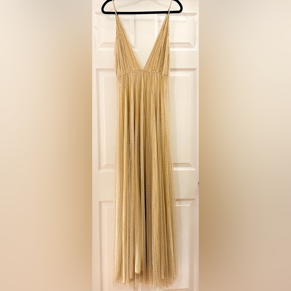 Revolve Divine Heritage Crystal Embellished Mesh Maxi Dress Gown Nude sz Medium - Picture 6 of 10